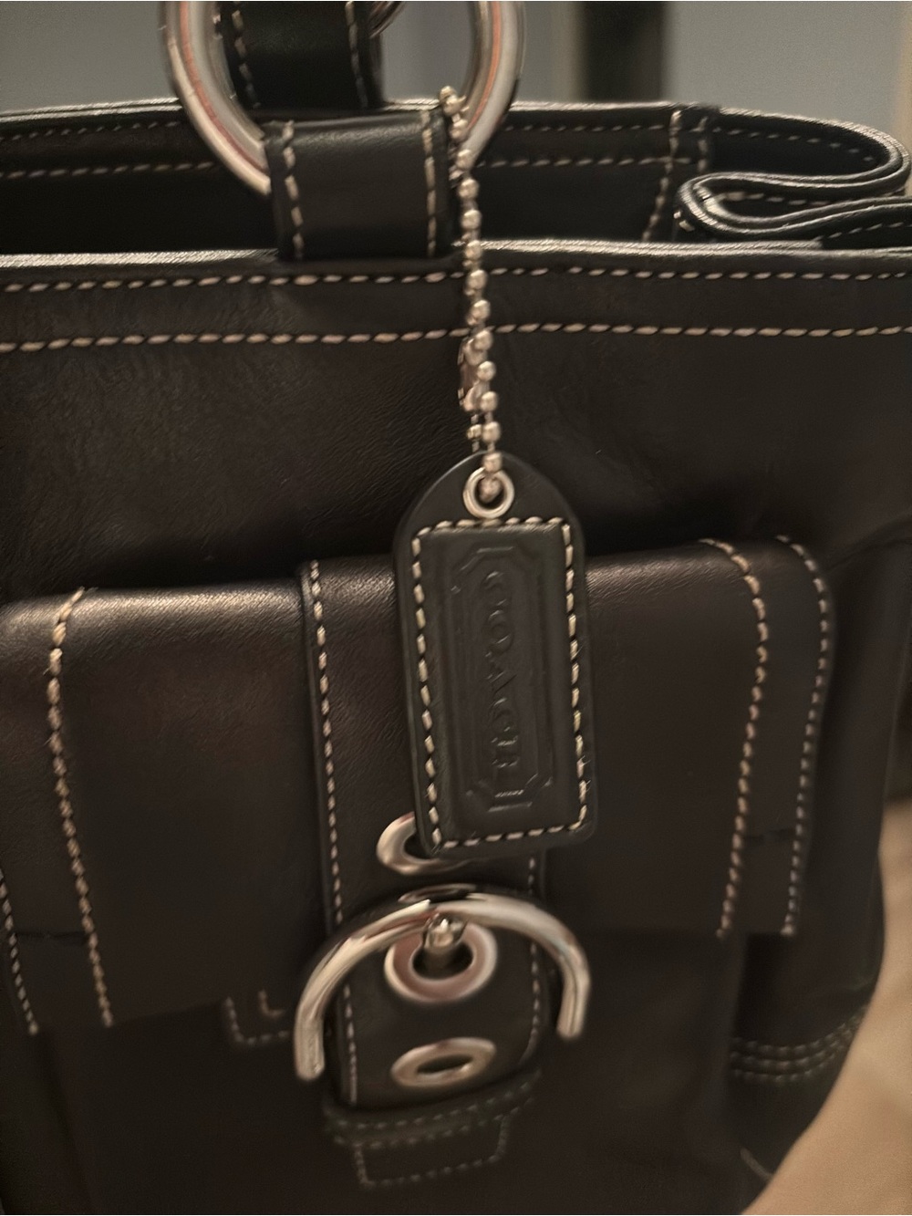 Coach Black Leather Tote with White Stitching and Silver Hardware
